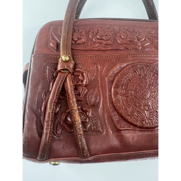 Vtg Aztec Hand Tooled Brown Leather Satchel Purse Mexico Mayan Boho Bag Roses - Picture 2 of 16